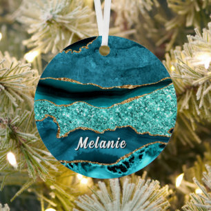 Teal Gold Marble Custom Name Christmas Ornaments