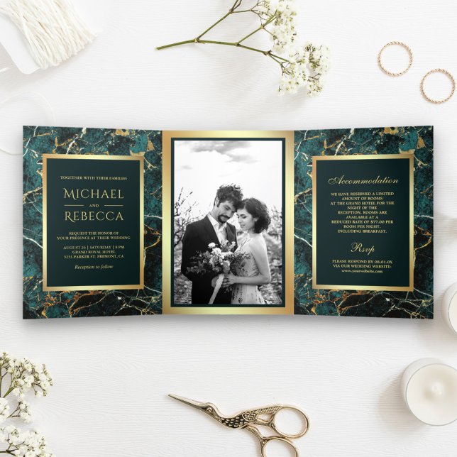 Teal Gold Marble Faux Gold Foil Photo Wedding Tri-Fold Invitation (Creator Uploaded)