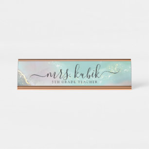 Teal & Gold Marble Personalised Desk Name Plate