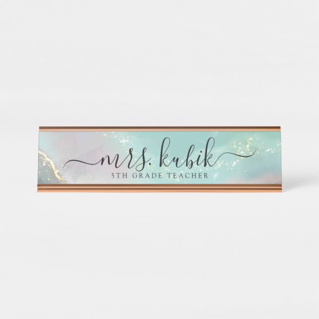 Teal & Gold Marble Personalised Desk Name Plate (Front)