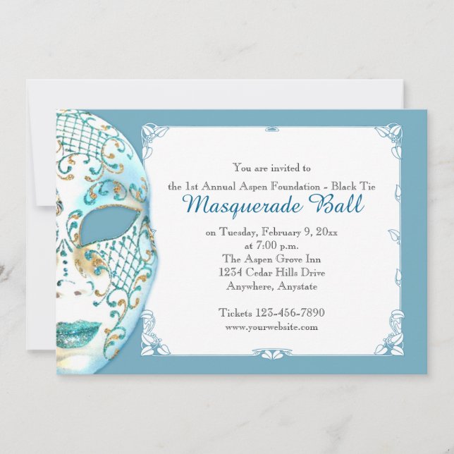 Teal Gold Masquerade Mardi Gras Ball Invitation (Front)