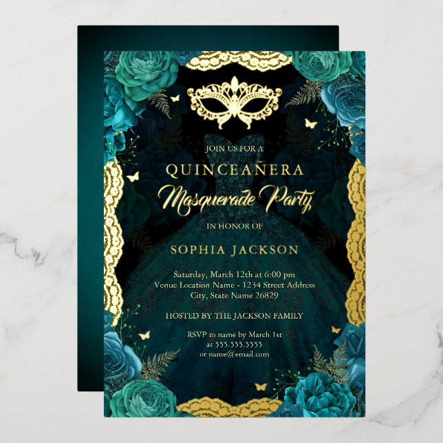 Teal Gold Masquerade Party Rose Dress Quinceanera (Front/Back)