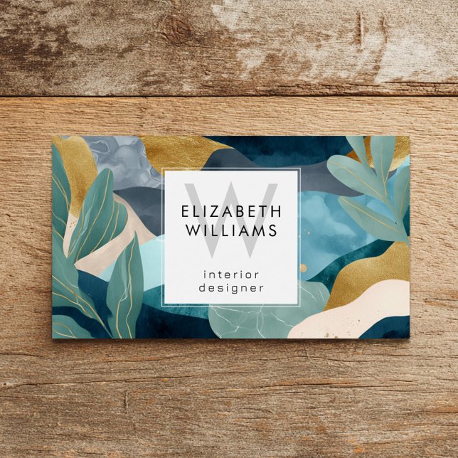 Teal Gold Modern Abstract Monogram Business Cards (Creator Uploaded)