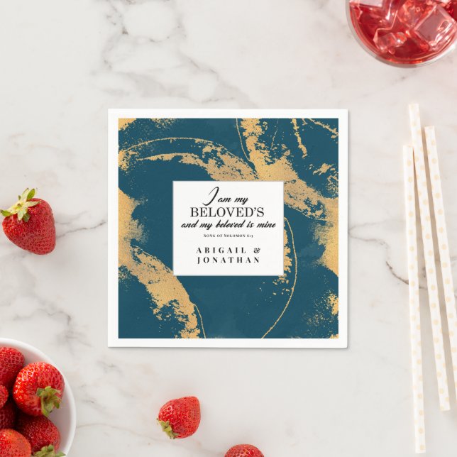 Teal Gold Modern Art Wedding Bible Verse  Napkin (Insitu)
