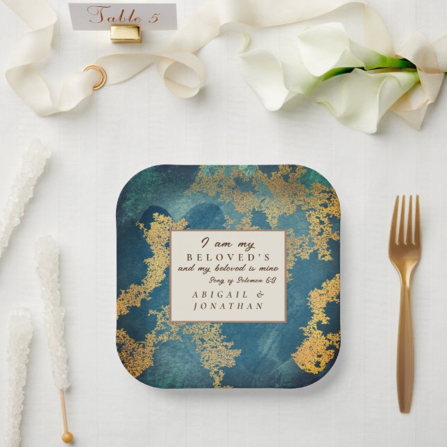 Teal Gold Modern Art Wedding Bible Verse Paper Plate (Wedding)