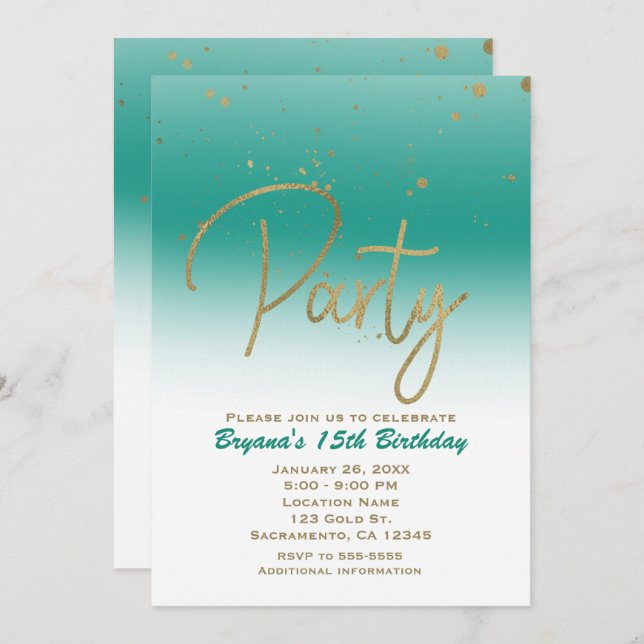 Teal & Gold Modern Glam Confetti Birthday Party Invitation (Front/Back)