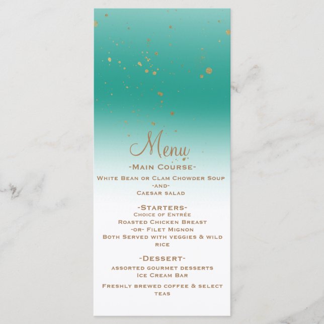 Teal Gold Modern Glam Confetti Party Wedding Menu (Front)