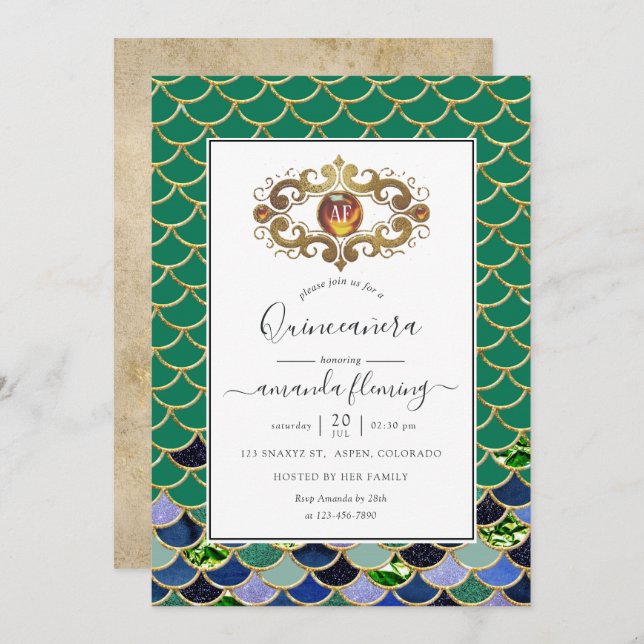 Teal & Gold Monogram Gemstone Mermaid Quinceañera Invitation (Front/Back)