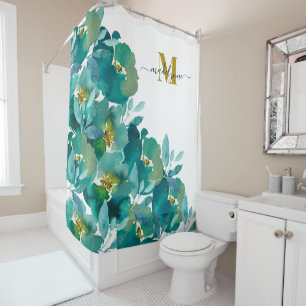 Teal Gold Monogram Name Watercolor Floral  Shower Curtain