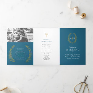 Teal gold monogram wreath story & program wedding Tri-Fold programme