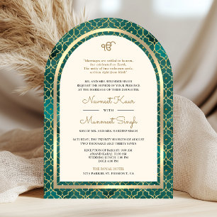 Teal Gold Moroccan QR Code Sikh Arch Wedding Invitation