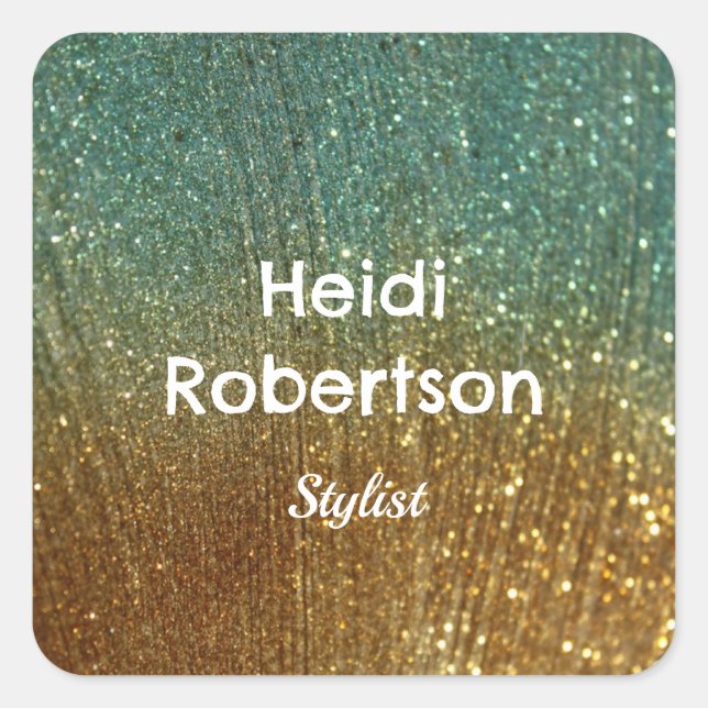Teal gold neon glitter square sticker (Front)