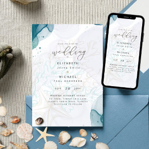 Teal Gold Ocean Life Beach Teal Wedding Invitation