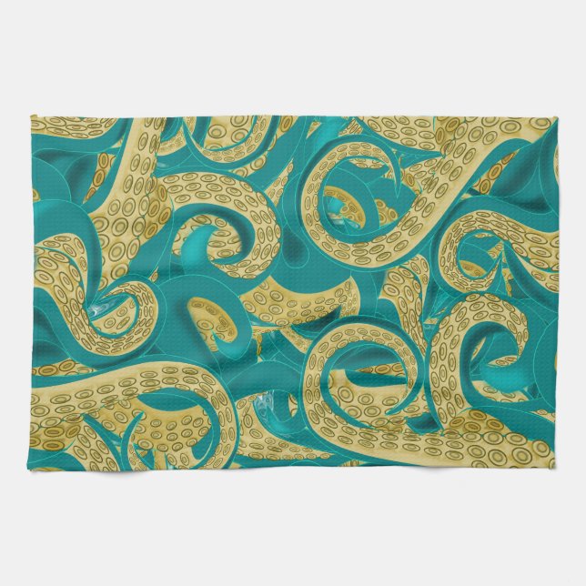 Teal Gold Octopus Kitchen Towel (Horizontal)