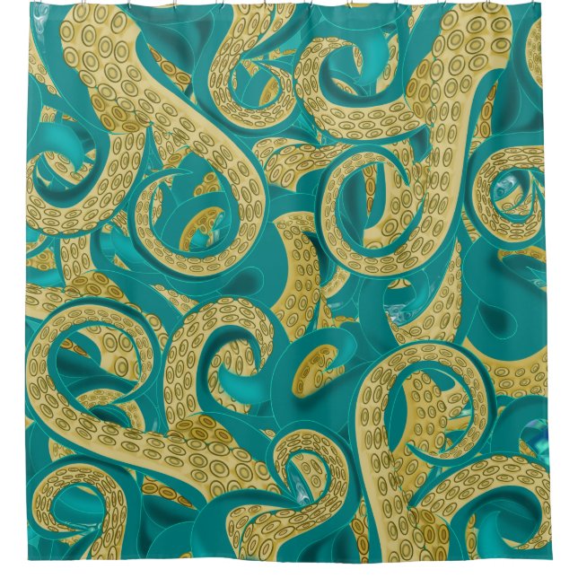 Teal Gold Octopus Shower Curtain (Front)