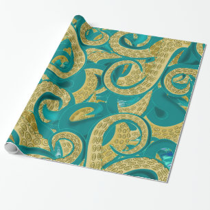 Teal Gold Octopus Wrapping Paper