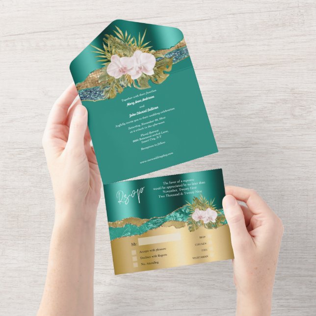Teal gold orchid glitter island tropical wedding all in one invitation (Tearaway)