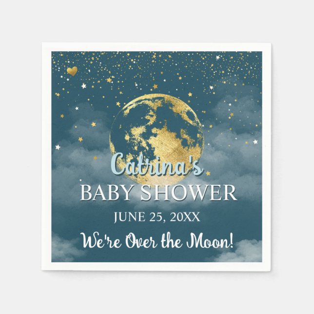 Teal Gold Over the Moon Baby Shower Napkin (Front)
