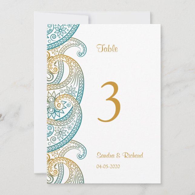Teal & Gold Paisley Indian Wedding Table Numbers (Front)