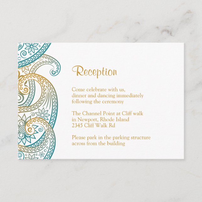 Teal & Gold Paisley Reception, Indian Wedding Enclosure Card (Front)