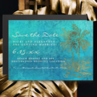 Teal Gold Palm Trees Wedding Save Date