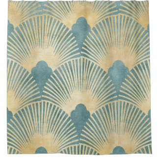 Teal gold pattern,fan feather pattern,Art Deco chi Shower Curtain