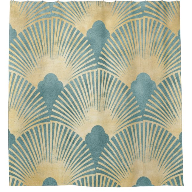 Teal gold pattern,fan feather pattern,Art Deco chi Shower Curtain (Front)