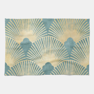 Teal gold pattern,fan feather pattern,Art Deco chi Tea Towel