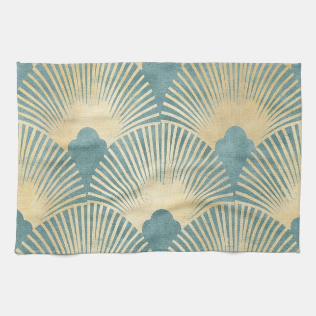 Teal gold pattern,fan feather pattern,Art Deco chi Tea Towel (Horizontal)