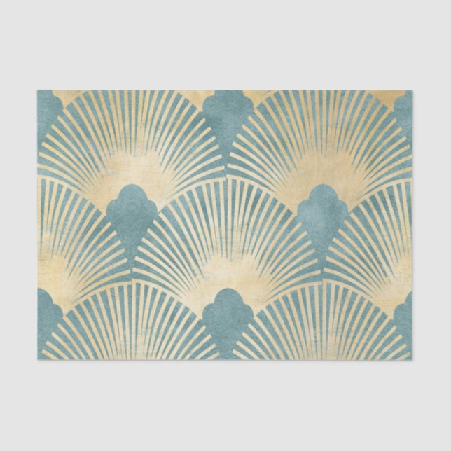 Teal gold pattern,fan feather pattern,Art Deco chi Tissue Paper (Front)