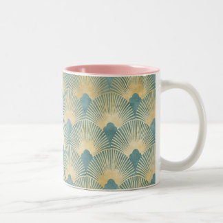 Teal gold pattern,fan feather pattern,Art Deco chi Two-Tone Coffee Mug