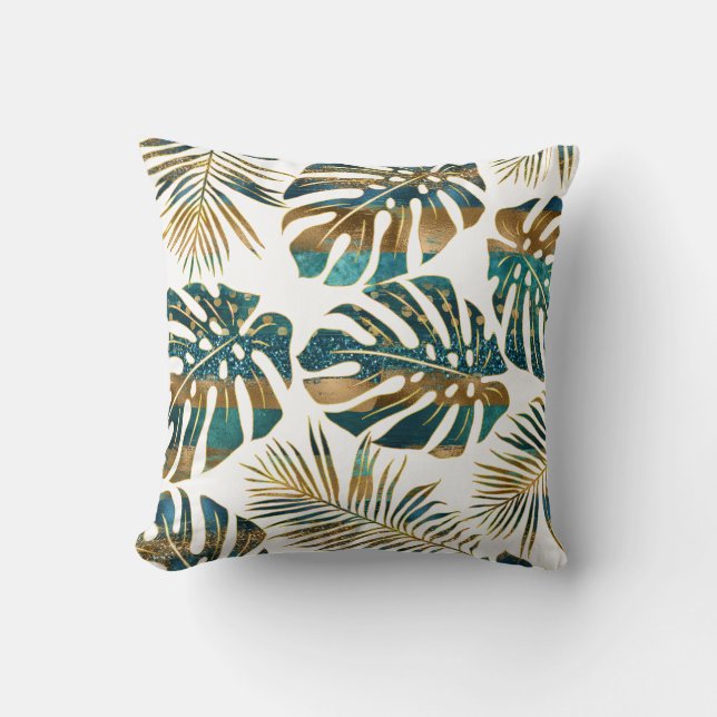 Teal gold patterned tropical leaves brush strokes cushion (Front)