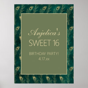 Teal Gold Peacock Feathers Girl's Sweet 16 Poster
