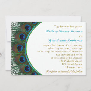 Teal, Gold Peacock Feathers Wedding Invitation