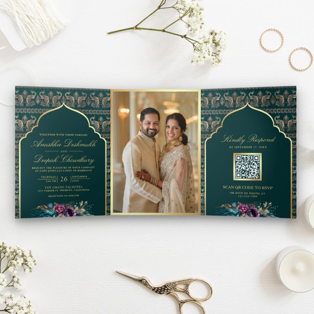 Teal Gold Peacock Pattern Floral Indian Wedding Tri-Fold Invitation (Creator Uploaded)