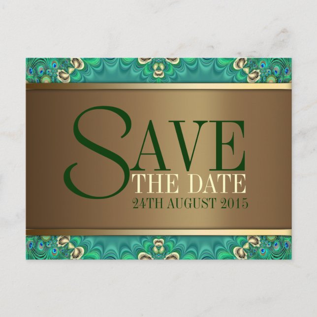Teal Gold Peacock Save the Date Postcard (Front)