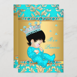 Teal Gold Pearl Princess Baby Shower Brunette Invitation