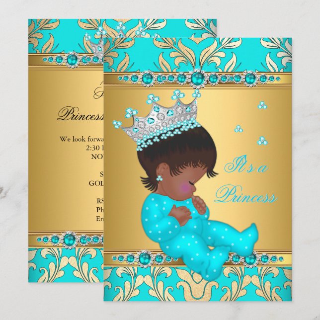 Teal Gold Pearl Princess Baby Shower Ethnic Invitation (Front/Back)