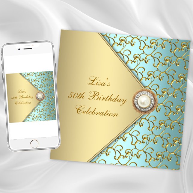 Teal Gold Pearl Womans 50th Birthday Party Invitation (Teal gold jewel any occasion invitation. Instant download and printed invitations available.)