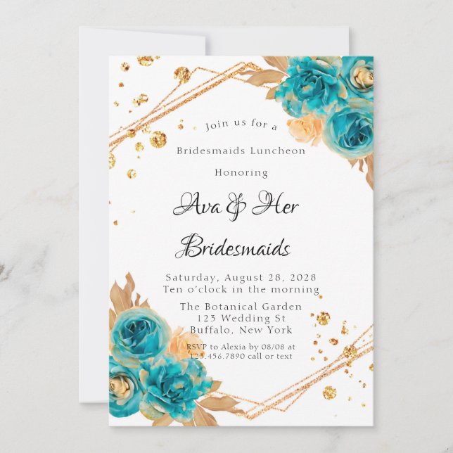 Teal Gold Peony Geometric Bridesmaids Luncheon Invitation (Front)