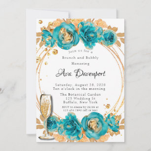 Teal Gold Peony Geometric Brunch and Bubbly Invitation