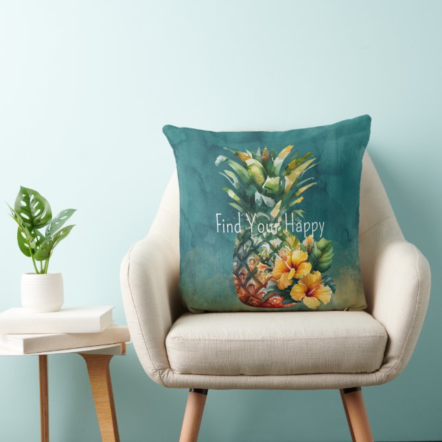 Teal Gold Pineapple Hibiscus Tropical Flowers  Cushion (Chair)