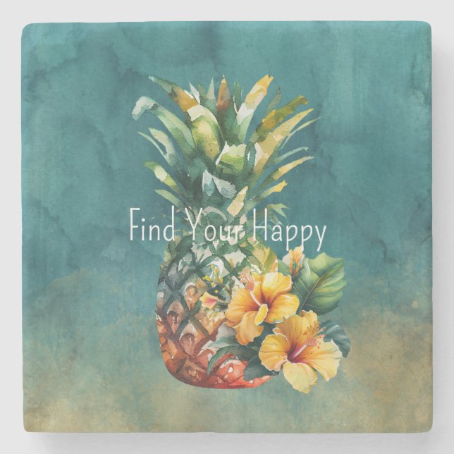 Teal Gold Pineapple Hibiscus Tropical Flowers  Stone Coaster (Front)