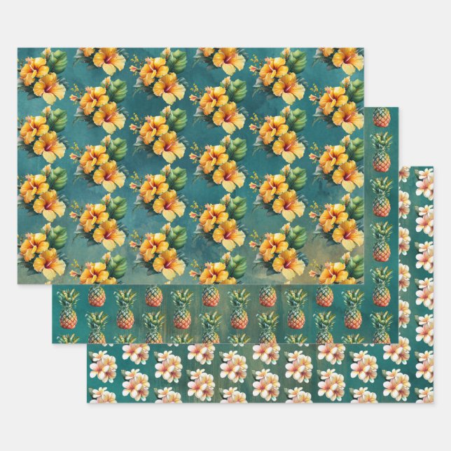 Teal Gold Pineapple Hibiscus Tropical Flowers   Wrapping Paper Sheet (Set)