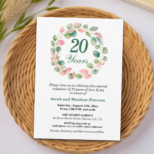 Teal Gold Pink Eucalyptus 20th Wedding Anniversary Invitation