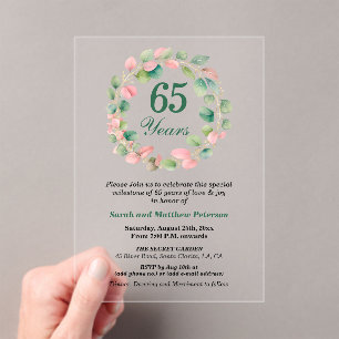 Teal Gold Pink Eucalyptus 65th Wedding Anniversary Acrylic Invitations