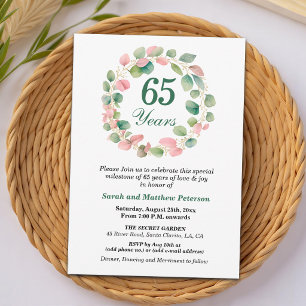 Teal Gold Pink Eucalyptus 65th Wedding Anniversary Invitation