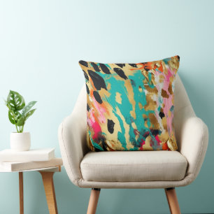 Teal gold Pink Leopard Paint Cushion