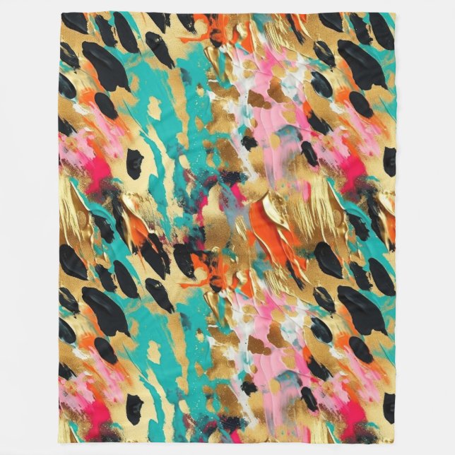 Teal gold Pink Leopard Paint Fleece Blanket (Front)