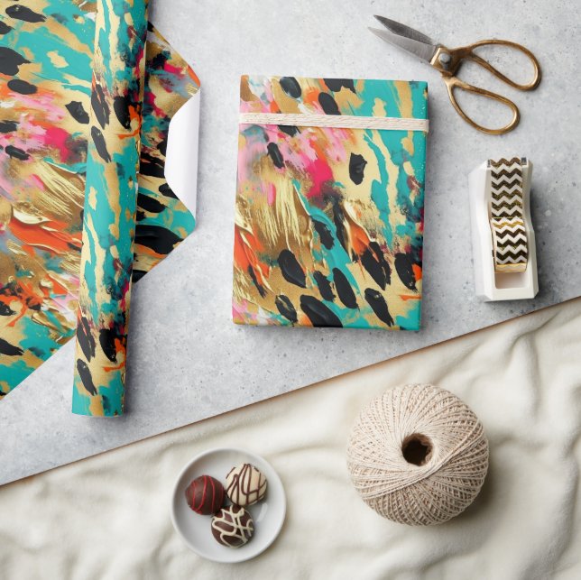 Teal gold Pink Leopard Paint Wrapping Paper (Crafts)